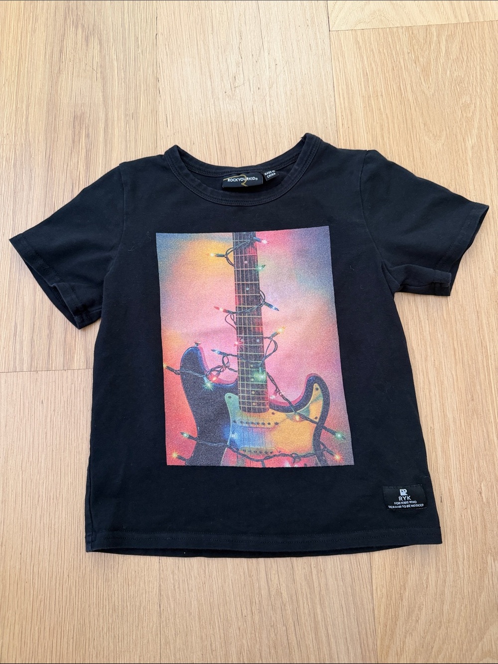 Rock Your Kid Kids Tee - Black with Multicolor Guitar Graphic Christmas Holiday